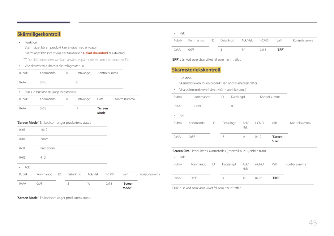 Samsung LH65DMERTBC/EN, LH82DMERTBC/EN, LH75DMERTBC/EN, LH82DMEMTBC/EN manual Skärmlägeskontroll, Skärmstorlekskontroll 