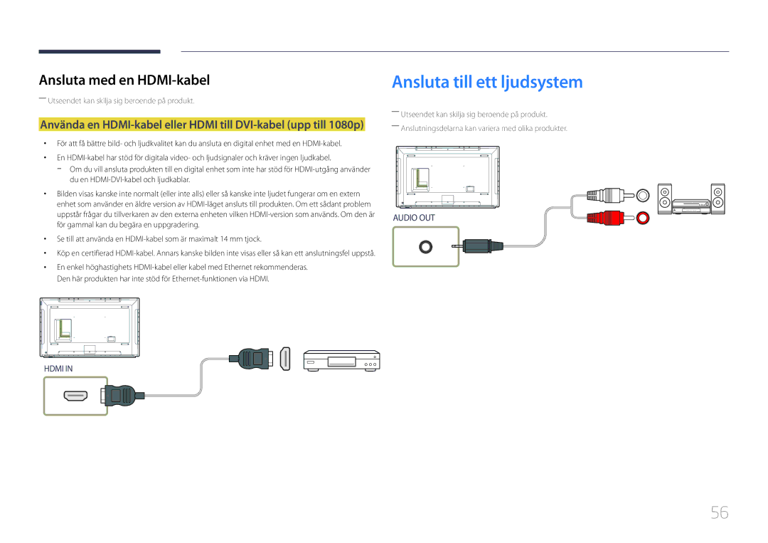 Samsung LH82DMERTBC/EN, LH65DMERTBC/EN, LH75DMERTBC/EN manual Ansluta till ett ljudsystem, Ansluta med en HDMI-kabel 