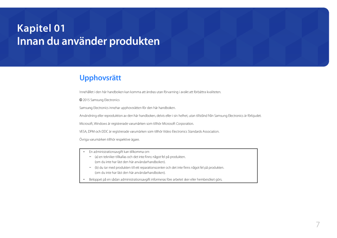 Samsung LH82DMEMTBC/EN, LH82DMERTBC/EN, LH65DMERTBC/EN, LH75DMERTBC/EN manual Innan du använder produkten, Upphovsrätt 