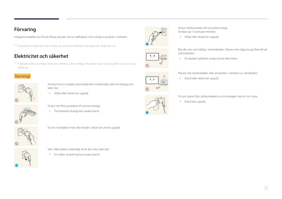 Samsung LH65DMERTBC/EN, LH82DMERTBC/EN, LH75DMERTBC/EN, LH82DMEMTBC/EN manual Förvaring, Elektricitet och säkerhet 