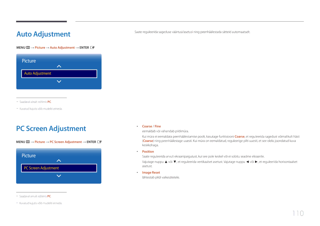 Samsung LH75DMERTBC/EN, LH82DMERTBC/EN, LH65DMERTBC/EN, LH82DMEMTBC/EN manual Auto Adjustment, PC Screen Adjustment, 110 