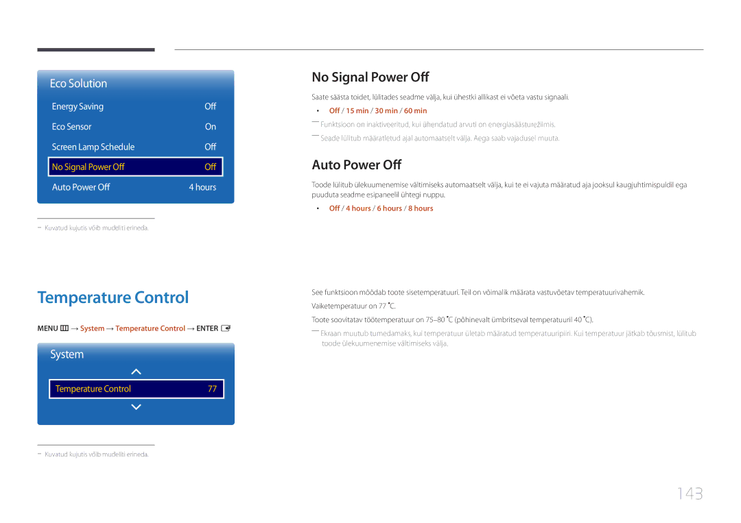 Samsung LH82DMEMTBC/EN, LH82DMERTBC/EN, LH65DMERTBC/EN manual Temperature Control, 143, No Signal Power Off, Auto Power Off 