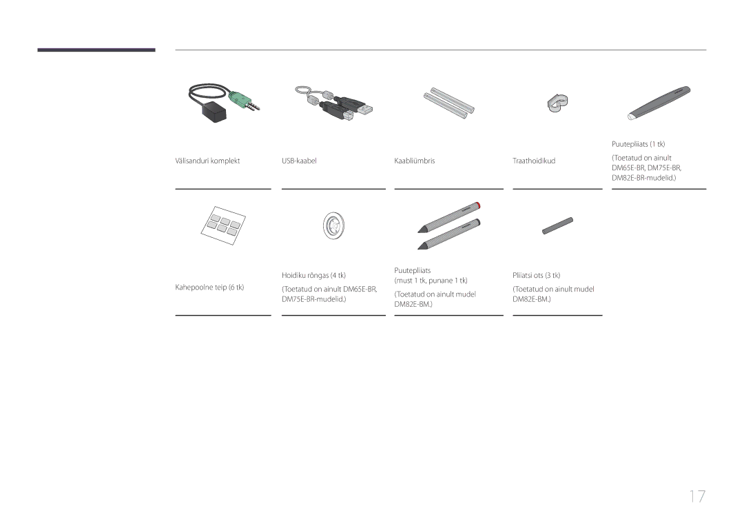 Samsung LH65DMERTBC/EN, LH82DMERTBC/EN manual Toetatud on ainult mudel, DM75E-BR-mudelid DM82E-BM Puutepliiats 1 tk 