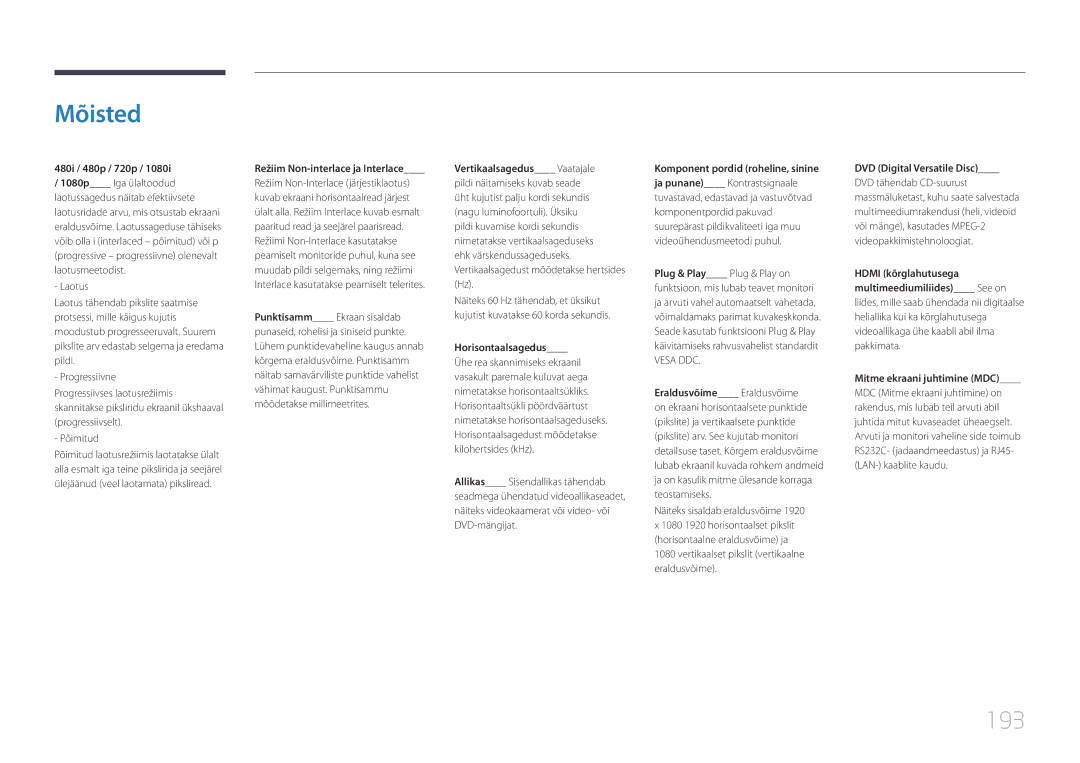 Samsung LH65DMERTBC/EN, LH82DMERTBC/EN, LH75DMERTBC/EN, LH82DMEMTBC/EN manual Mõisted, 193 