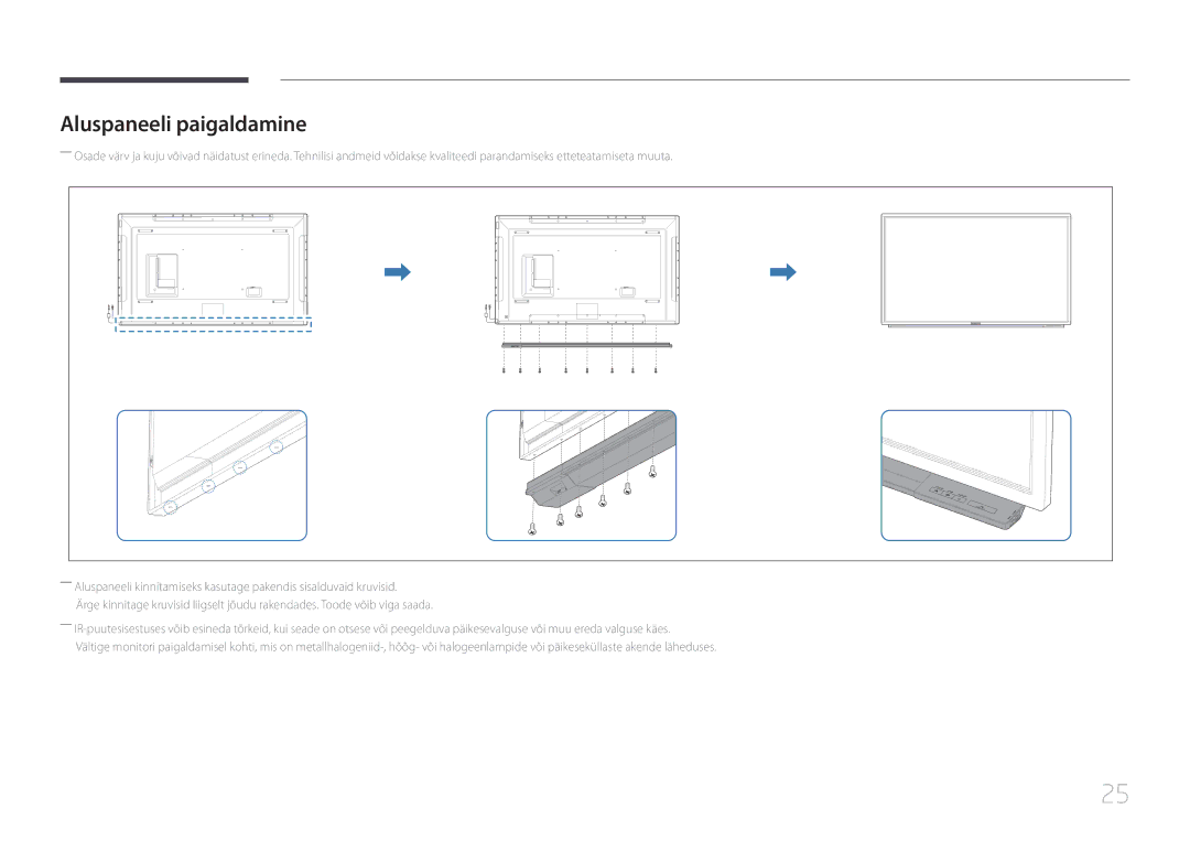 Samsung LH65DMERTBC/EN, LH82DMERTBC/EN, LH75DMERTBC/EN, LH82DMEMTBC/EN manual Aluspaneeli paigaldamine 