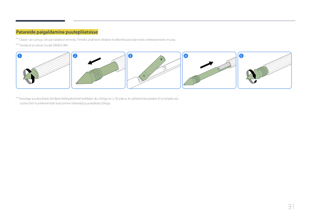 Samsung LH82DMEMTBC/EN, LH82DMERTBC/EN, LH65DMERTBC/EN, LH75DMERTBC/EN manual Patareide paigaldamine puutepliiatsisse 