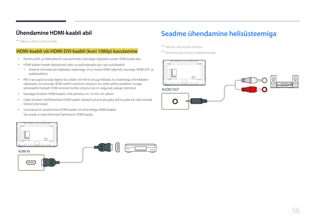 Samsung LH82DMERTBC/EN manual Seadme ühendamine helisüsteemiga, HDMI-kaabli või HDMI-DVI-kaabli kuni 1080p kasutamine 