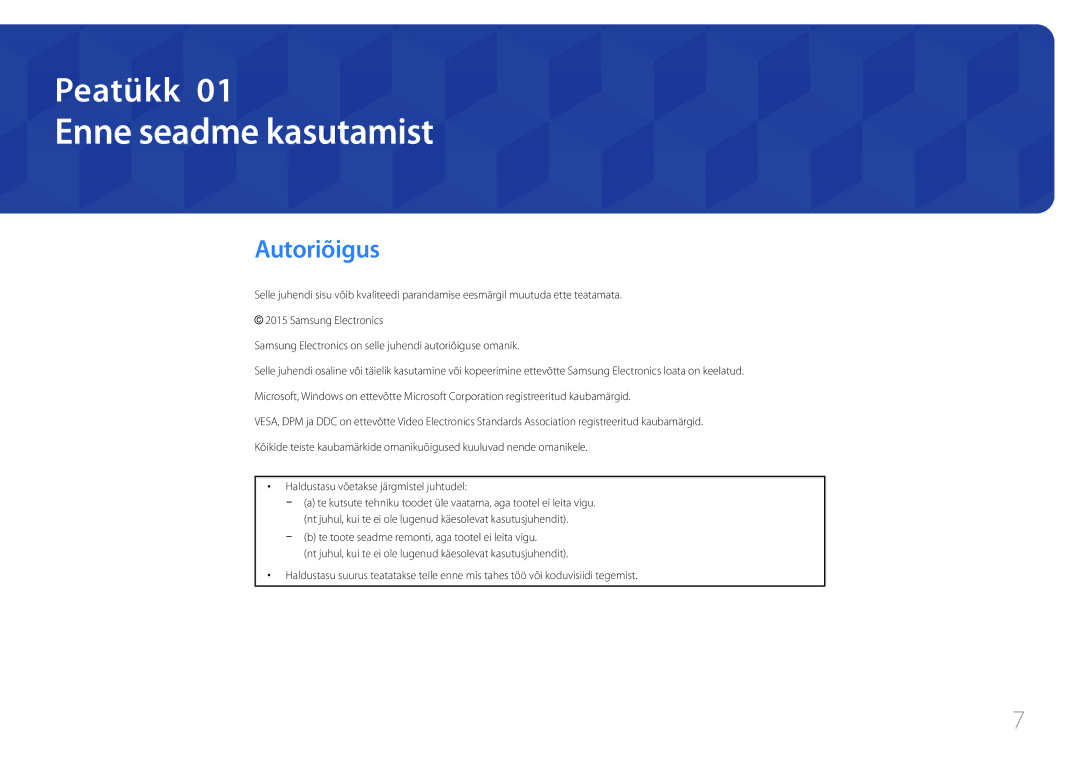 Samsung LH82DMEMTBC/EN, LH82DMERTBC/EN, LH65DMERTBC/EN, LH75DMERTBC/EN manual Enne seadme kasutamist, Autoriõigus 