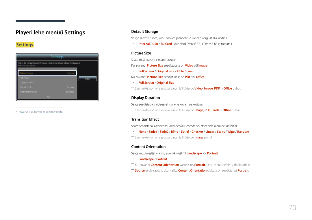 Samsung LH75DMERTBC/EN Playeri lehe menüü Settings, Full Screen / Original Size / Fit to Screen, Landscape / Portrait 