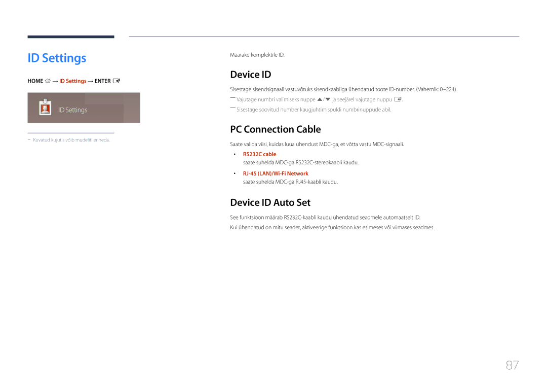 Samsung LH82DMEMTBC/EN, LH82DMERTBC/EN, LH65DMERTBC/EN manual ID Settings, PC Connection Cable, Device ID Auto Set 