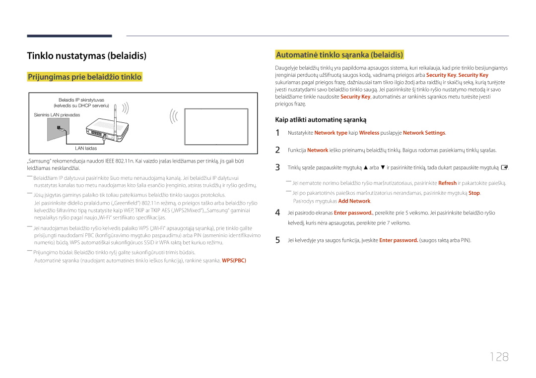 Samsung LH82DMERTBC/EN, LH65DMERTBC/EN, LH75DMERTBC/EN 128, Tinklo nustatymas belaidis, Prijungimas prie belaidžio tinklo 