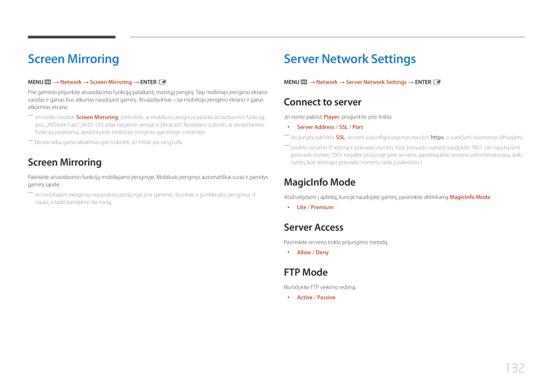 Samsung LH82DMERTBC/EN, LH65DMERTBC/EN, LH75DMERTBC/EN, LH82DMEMTBC/EN manual Screen Mirroring, Server Network Settings, 132 