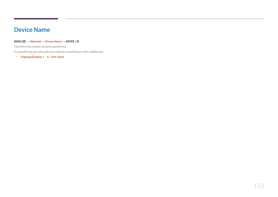 Samsung LH65DMERTBC/EN manual 133, Menu m → Network → Device Name → Enter E, SignageDisplay 1 ~ 6 / User Input 