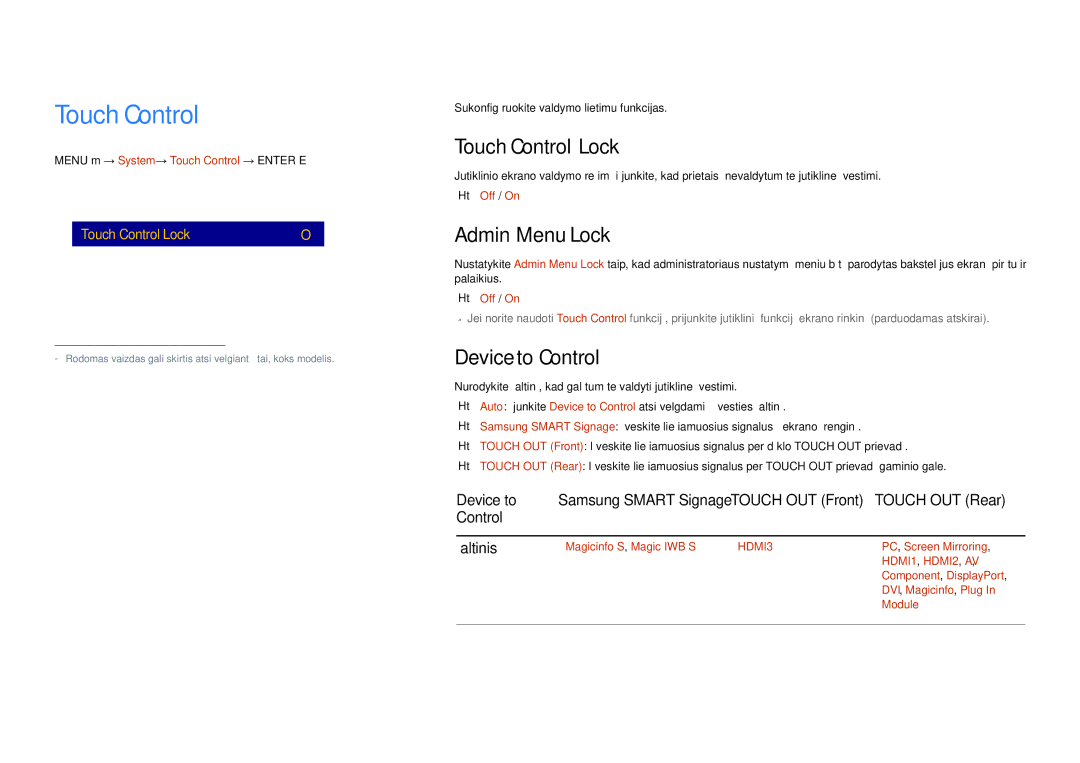 Samsung LH65DMERTBC/EN, LH82DMERTBC/EN, LH75DMERTBC/EN manual 137, Touch Control Lock, Admin Menu Lock, Device to Control 