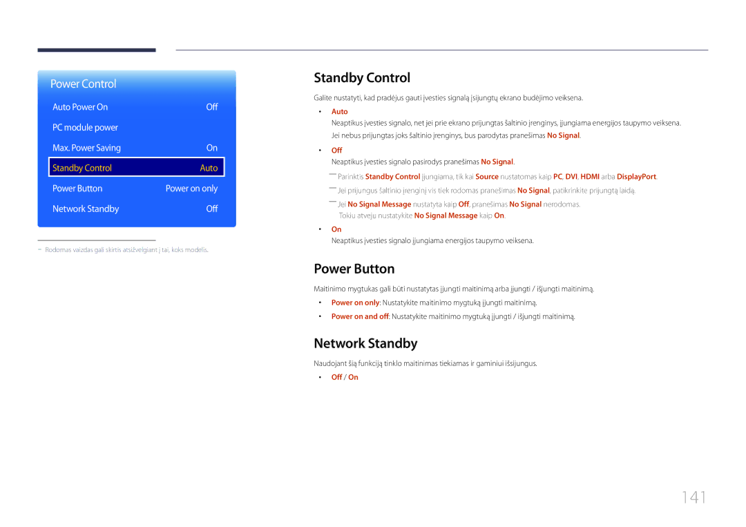 Samsung LH65DMERTBC/EN, LH82DMERTBC/EN, LH75DMERTBC/EN, LH82DMEMTBC/EN 141, Standby Control, Power Button, Network Standby 