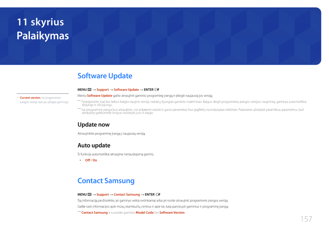 Samsung LH65DMERTBC/EN, LH82DMERTBC/EN, LH75DMERTBC/EN, LH82DMEMTBC/EN Palaikymas, Software Update, Contact Samsung, 157 