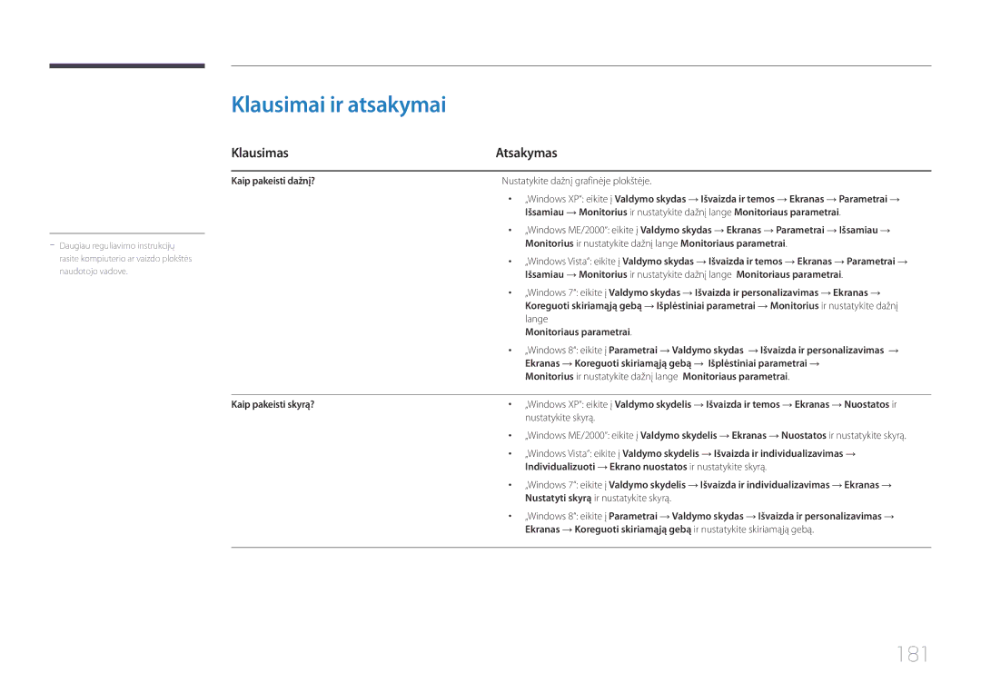 Samsung LH65DMERTBC/EN, LH82DMERTBC/EN, LH75DMERTBC/EN, LH82DMEMTBC/EN manual Klausimai ir atsakymai, 181, Klausimas Atsakymas 