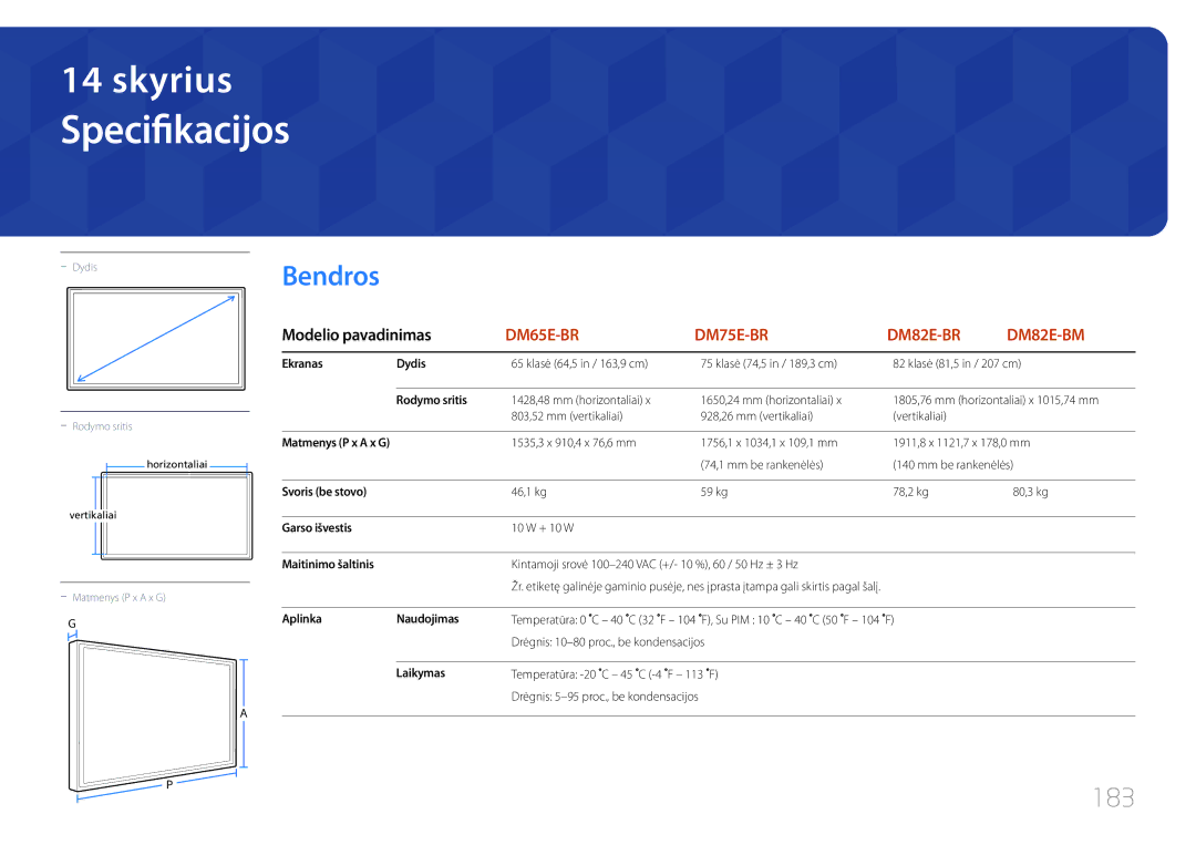 Samsung LH82DMEMTBC/EN, LH82DMERTBC/EN, LH65DMERTBC/EN, LH75DMERTBC/EN manual Specifikacijos, Bendros, 183 