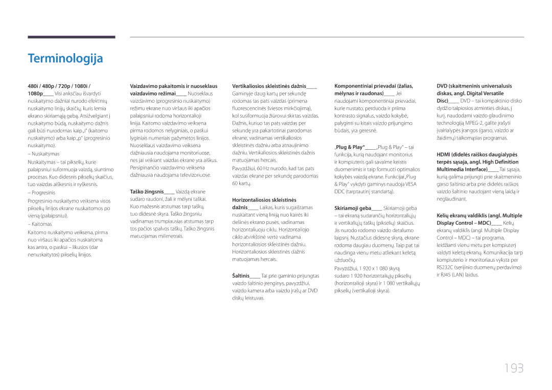 Samsung LH65DMERTBC/EN, LH82DMERTBC/EN, LH75DMERTBC/EN, LH82DMEMTBC/EN manual Terminologija, 193 