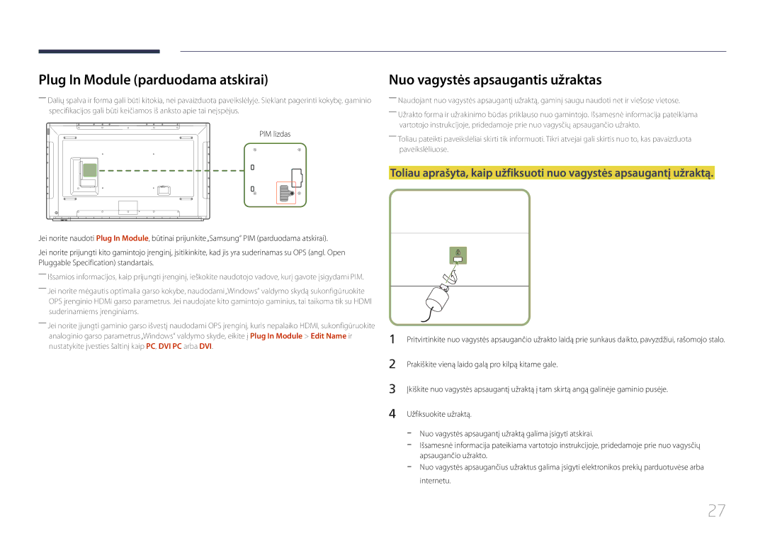 Samsung LH82DMEMTBC/EN manual Plug In Module parduodama atskirai, Nuo vagystės apsaugantis užraktas, Užfiksuokite užraktą 