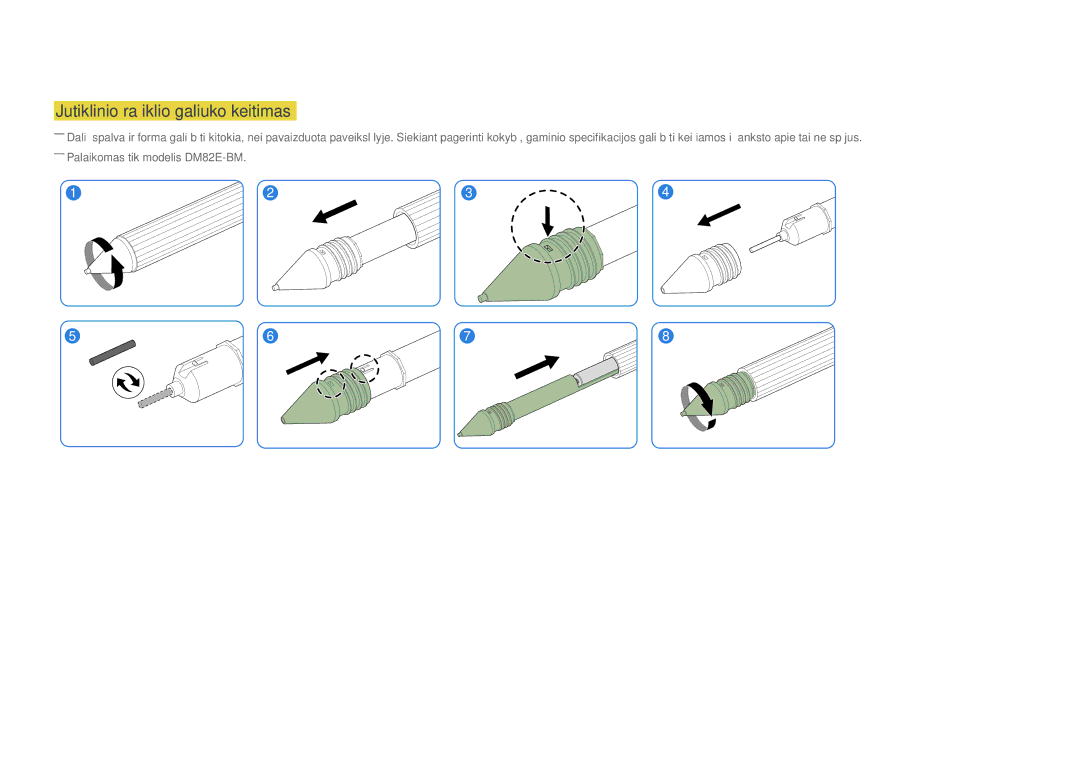 Samsung LH82DMERTBC/EN, LH65DMERTBC/EN, LH75DMERTBC/EN, LH82DMEMTBC/EN manual Jutiklinio rašiklio galiuko keitimas 