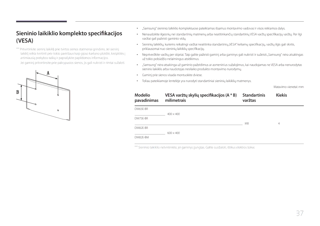 Samsung LH65DMERTBC/EN, LH82DMERTBC/EN, LH75DMERTBC/EN manual Sieninio laikiklio komplekto specifikacijos Vesa, Modelio 