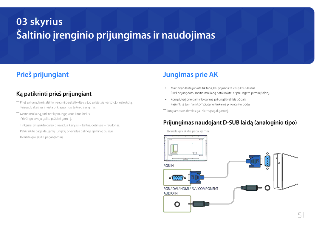 Samsung LH82DMEMTBC/EN, LH82DMERTBC/EN Šaltinio įrenginio prijungimas ir naudojimas, Prieš prijungiant, Jungimas prie AK 