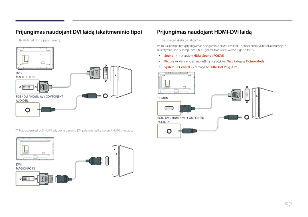 Samsung LH82DMERTBC/EN manual Prijungimas naudojant DVI laidą skaitmeninio tipo, Prijungimas naudojant HDMI-DVI laidą 