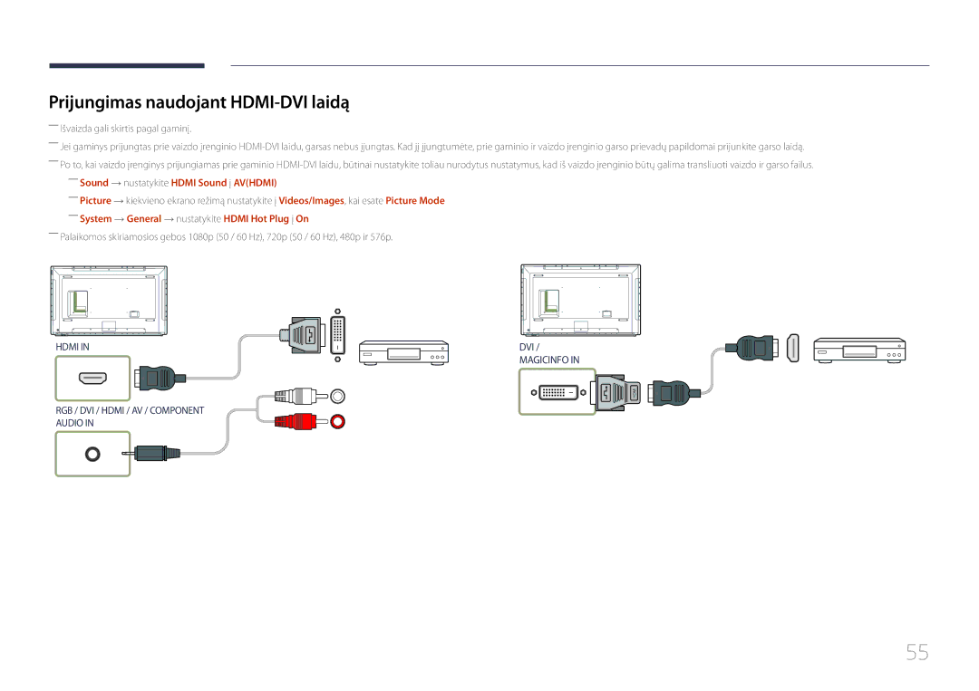 Samsung LH82DMEMTBC/EN, LH82DMERTBC/EN Prijungimas naudojant HDMI-DVI laidą, ――Sound → nustatykite Hdmi Sound į Avhdmi 