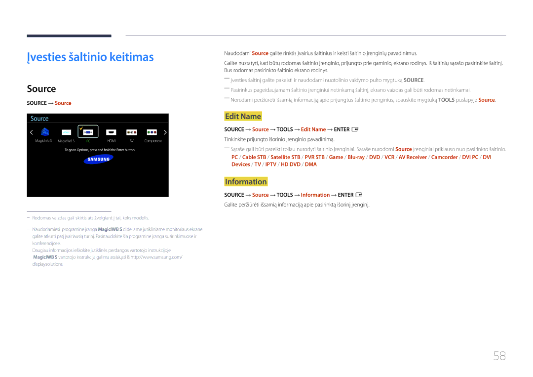 Samsung LH75DMERTBC/EN, LH82DMERTBC/EN, LH65DMERTBC/EN manual Įvesties šaltinio keitimas, Source, Edit Name, Information 