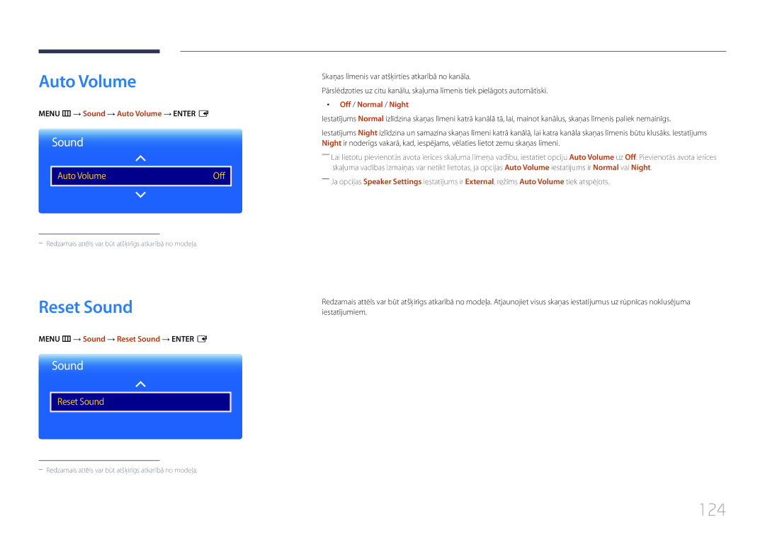 Samsung LH82DMERTBC/EN, LH65DMERTBC/EN, LH75DMERTBC/EN, LH82DMEMTBC/EN manual Auto Volume, Reset Sound, 124 