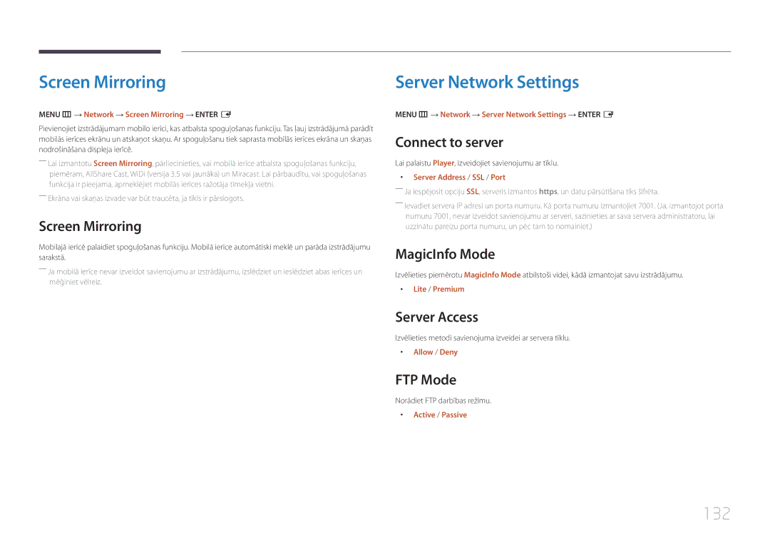 Samsung LH82DMERTBC/EN, LH65DMERTBC/EN, LH75DMERTBC/EN, LH82DMEMTBC/EN manual Screen Mirroring, Server Network Settings, 132 