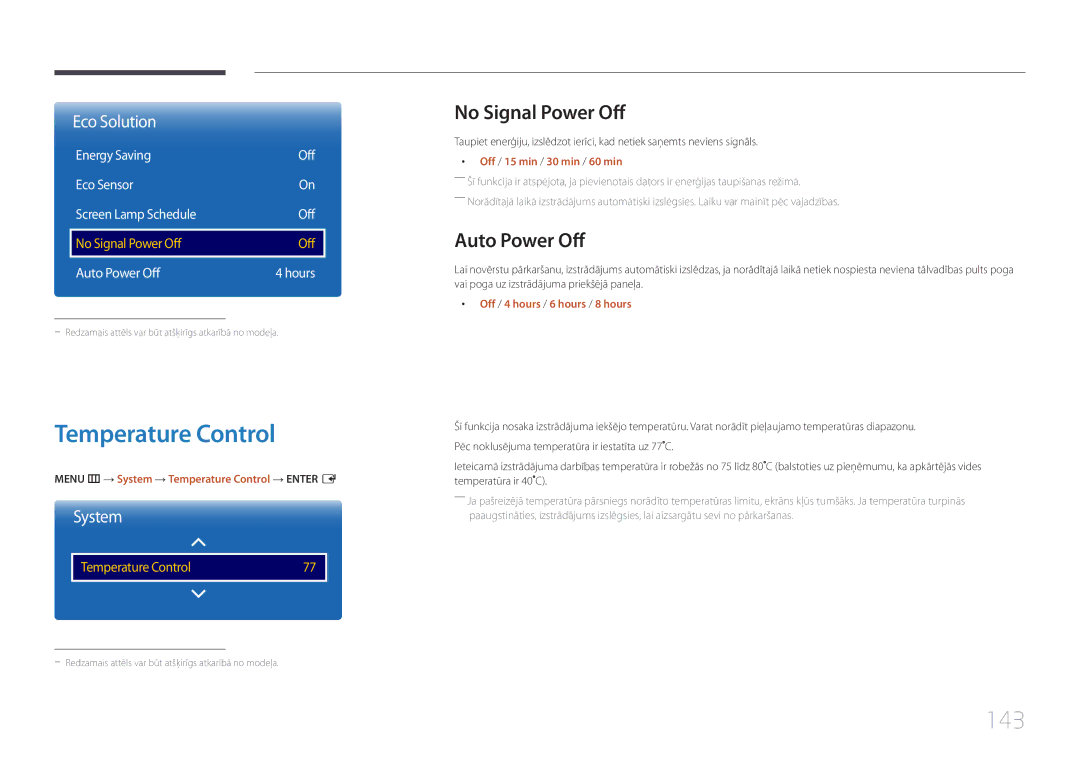 Samsung LH82DMEMTBC/EN, LH82DMERTBC/EN, LH65DMERTBC/EN manual Temperature Control, 143, No Signal Power Off, Auto Power Off 