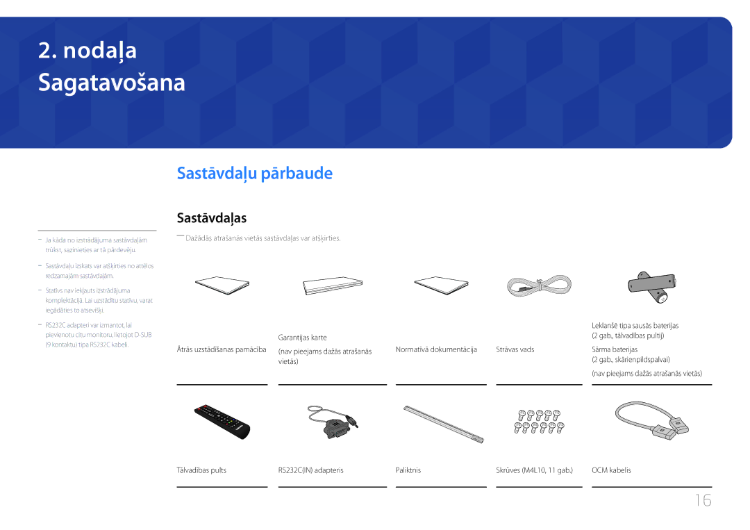 Samsung LH82DMERTBC/EN manual Sagatavošana, Sastāvdaļu pārbaude, Sastāvdaļas, Garantijas karte Gab., tālvadības pultij 