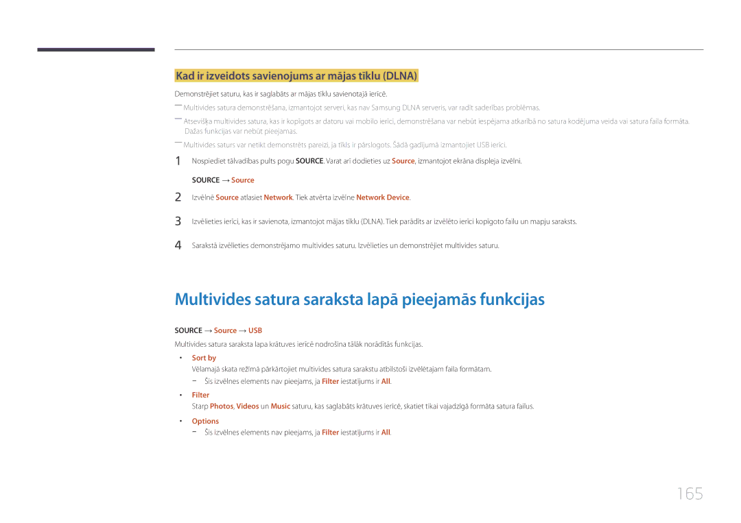 Samsung LH65DMERTBC/EN manual Multivides satura saraksta lapā pieejamās funkcijas, 165, Source → Source → USB, Filter 