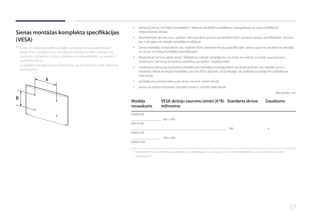 Samsung LH65DMERTBC/EN manual Sienas montāžas komplekta specifikācijas Vesa, Modeļa, Daudzums, Nosaukums Milimetros 