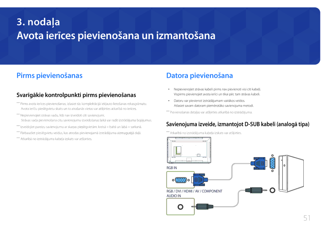 Samsung LH82DMEMTBC/EN, LH82DMERTBC/EN Avota ierīces pievienošana un izmantošana, Pirms pievienošanas, Datora pievienošana 