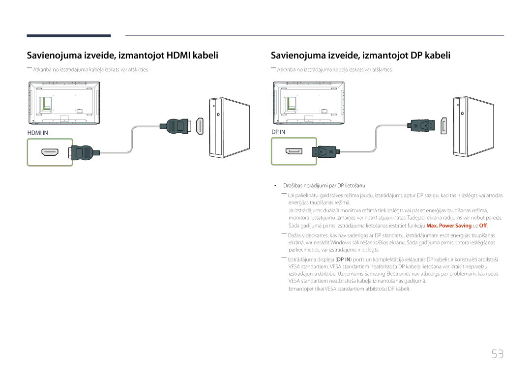 Samsung LH65DMERTBC/EN manual Savienojuma izveide, izmantojot Hdmi kabeli, Savienojuma izveide, izmantojot DP kabeli 