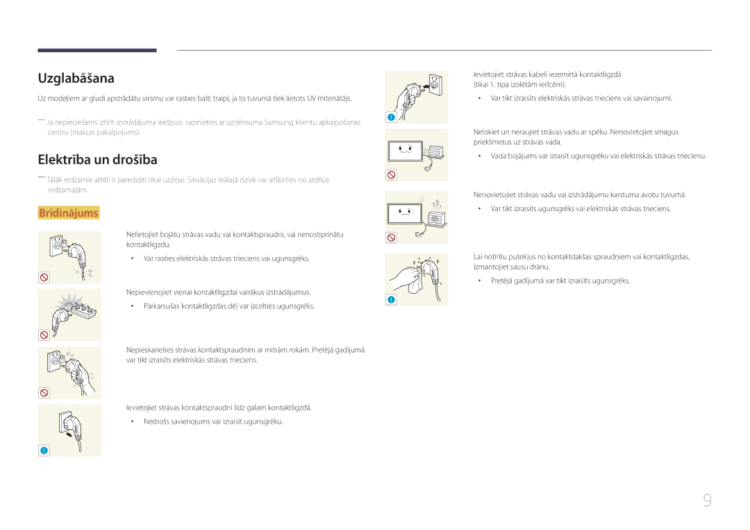 Samsung LH65DMERTBC/EN, LH82DMERTBC/EN, LH75DMERTBC/EN, LH82DMEMTBC/EN manual Uzglabāšana, Elektrība un drošība 