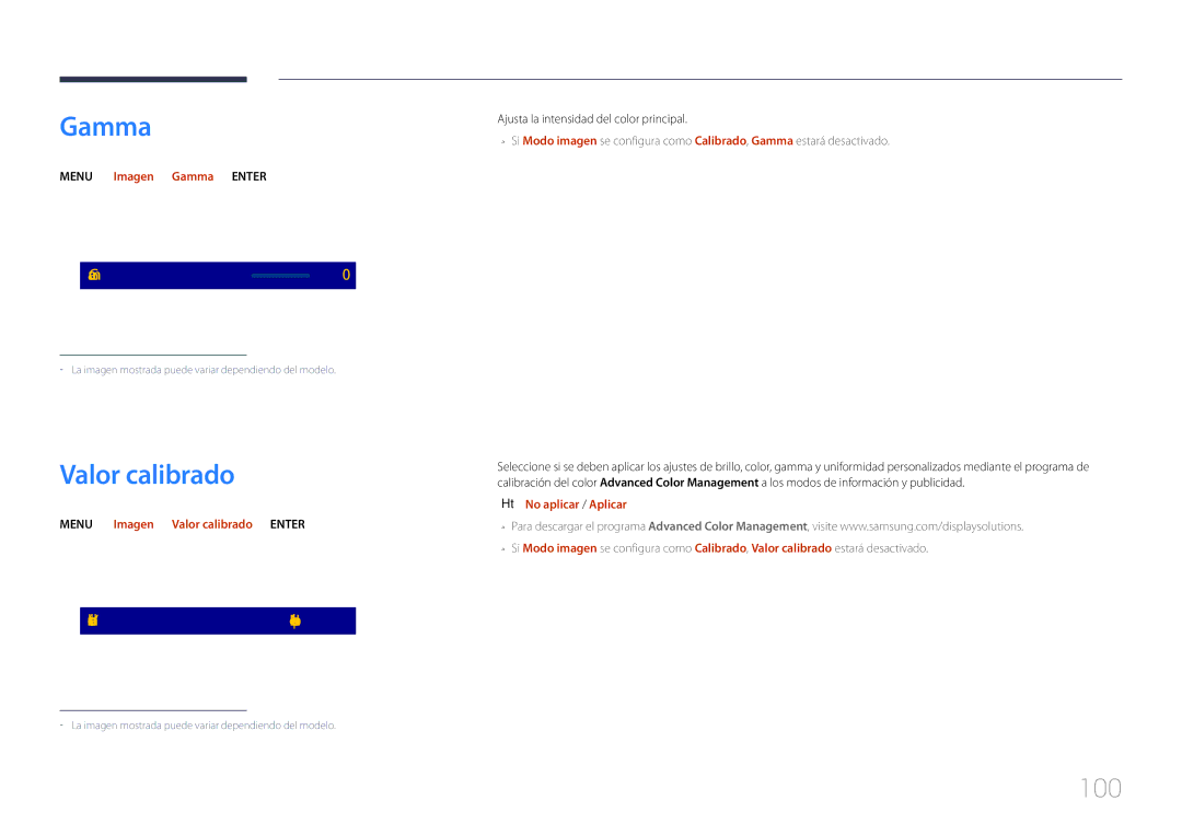 Samsung LH65DMERTBC/EN, LH82DMERTBC/EN Gamma, 100, Menu m → Imagen → Valor calibrado → Enter E, No aplicar / Aplicar 