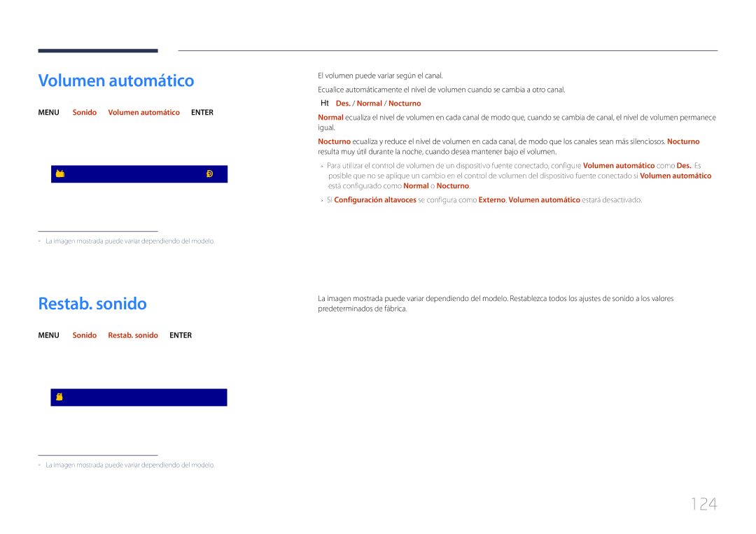 Samsung LH65DMERTBC/EN, LH82DMERTBC/EN, LH75DMERTBC/EN manual Volumen automático, Restab. sonido, 124 