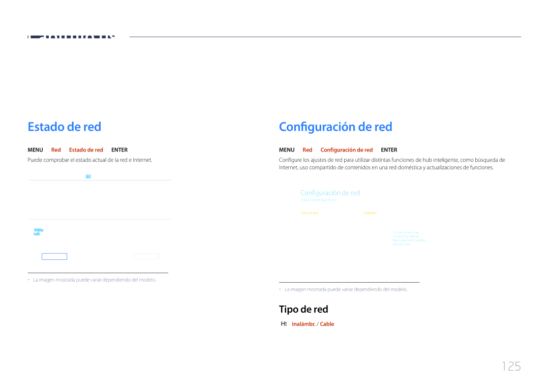 Samsung LH75DMERTBC/EN, LH82DMERTBC/EN, LH65DMERTBC/EN manual Red, Configuración de red, 125, Tipo de red 