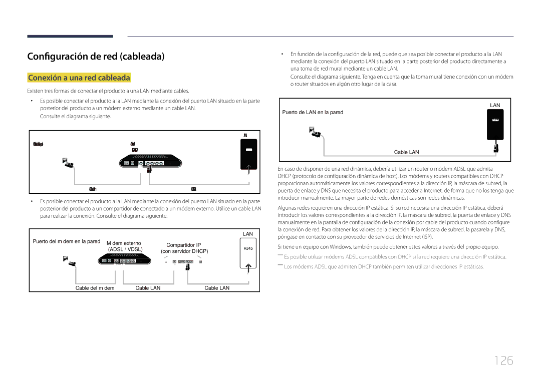 Samsung LH82DMERTBC/EN, LH65DMERTBC/EN, LH75DMERTBC/EN manual 126, Configuración de red cableada, Conexión a una red cableada 