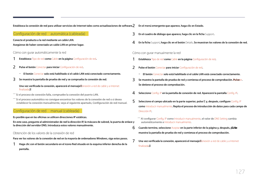 Samsung LH65DMERTBC/EN, LH82DMERTBC/EN 127, Configuración de red automática cableada, Configuración de red manual cableada 