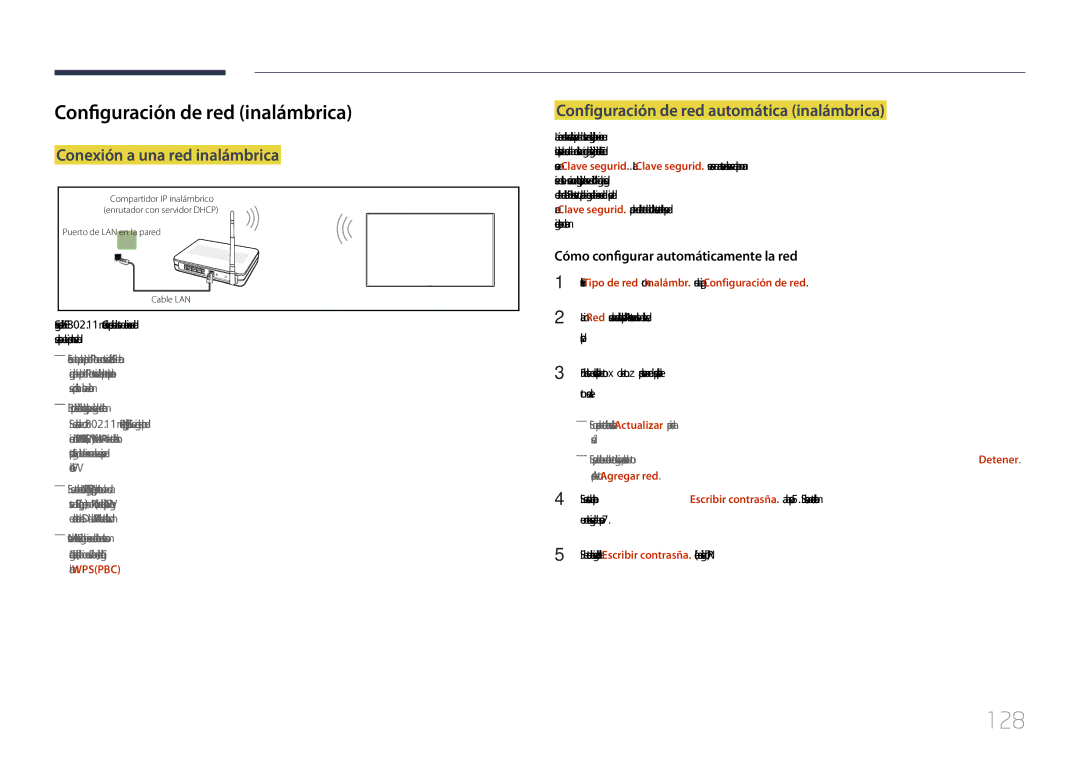 Samsung LH75DMERTBC/EN, LH82DMERTBC/EN 128, Configuración de red inalámbrica, Configuración de red automática inalámbrica 