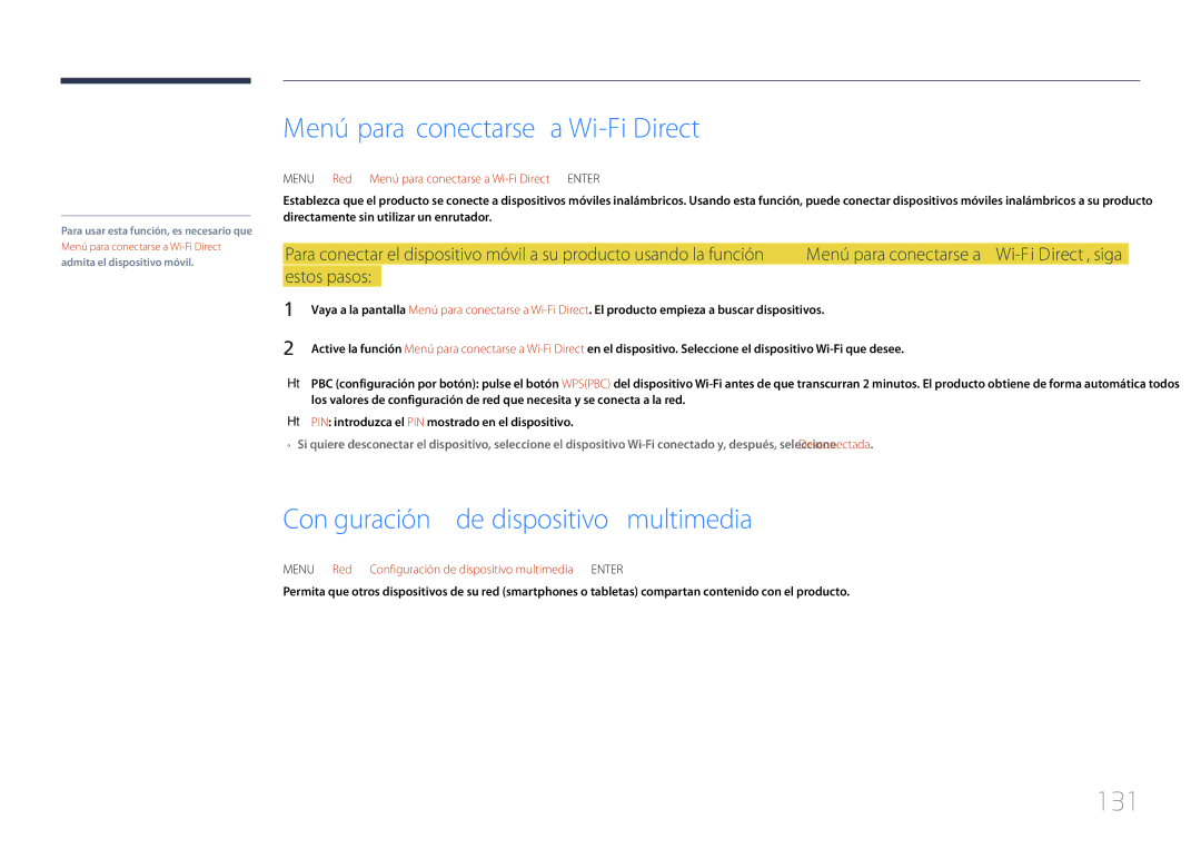 Samsung LH75DMERTBC/EN, LH82DMERTBC/EN Menú para conectarse a Wi-Fi Direct, Configuración de dispositivo multimedia, 131 