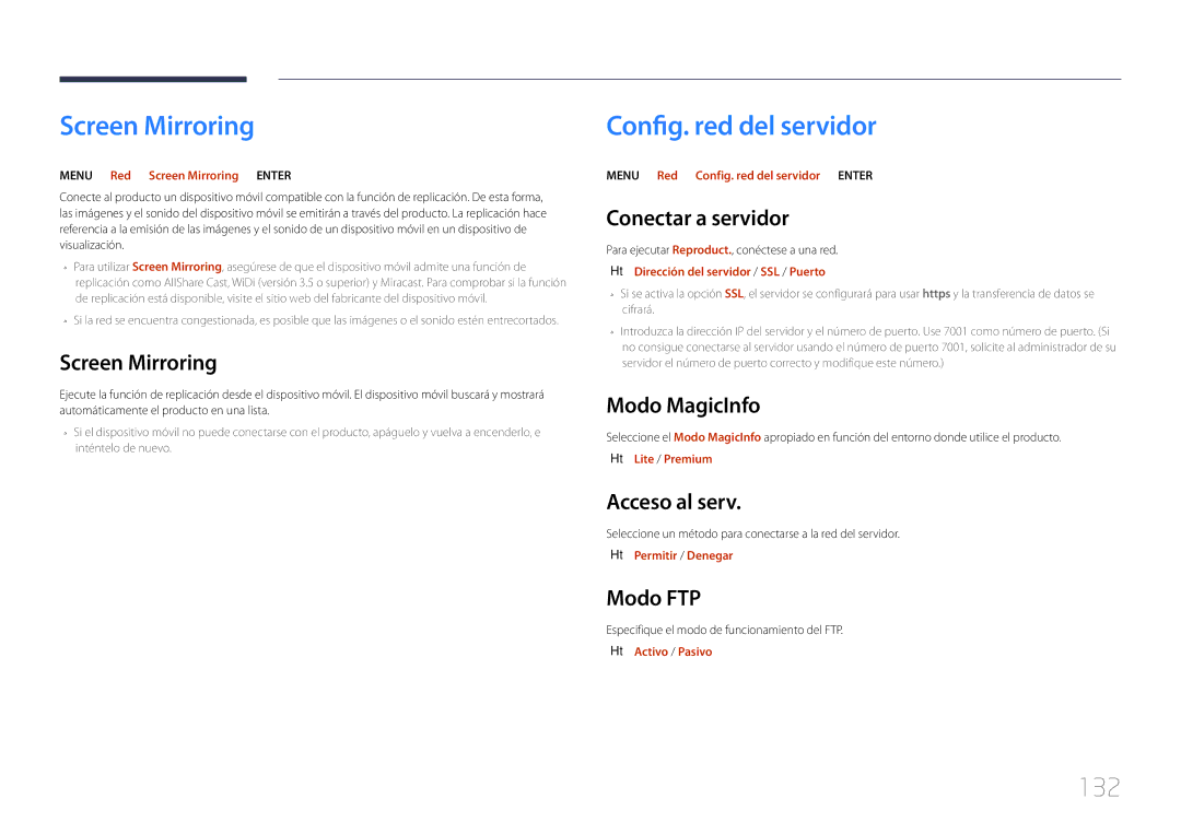 Samsung LH82DMERTBC/EN, LH65DMERTBC/EN, LH75DMERTBC/EN manual Screen Mirroring, Config. red del servidor, 132 