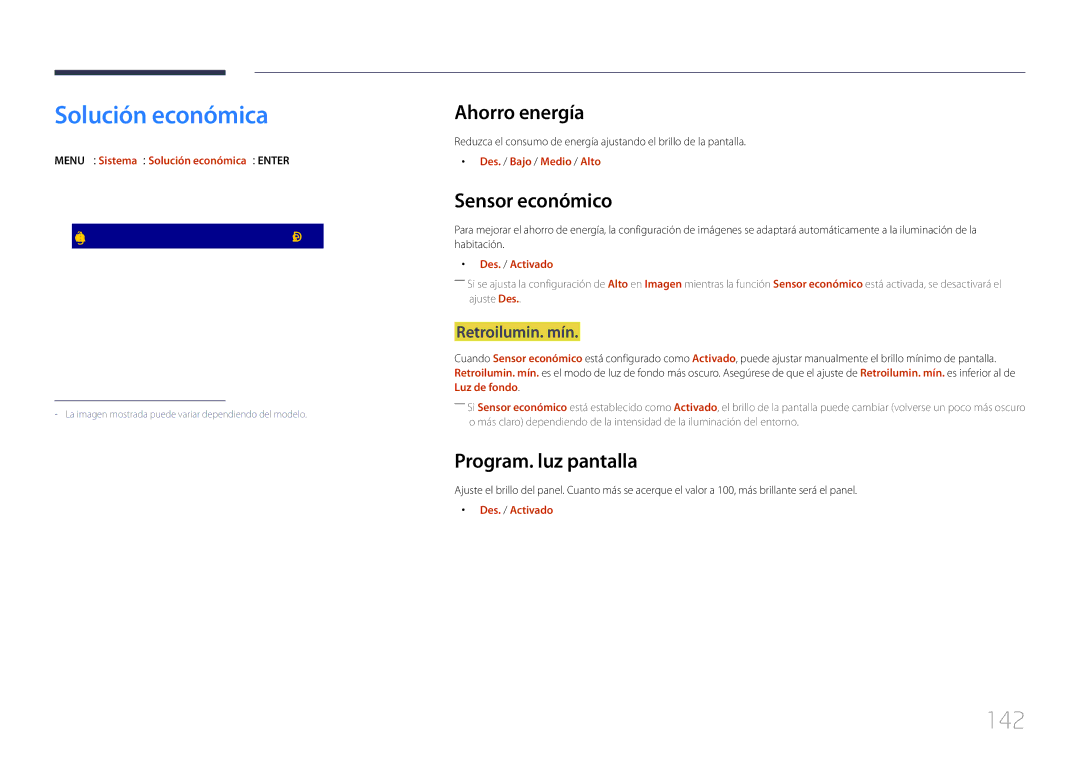 Samsung LH65DMERTBC/EN, LH82DMERTBC/EN Solución económica, 142, Ahorro energía, Sensor económico, Program. luz pantalla 