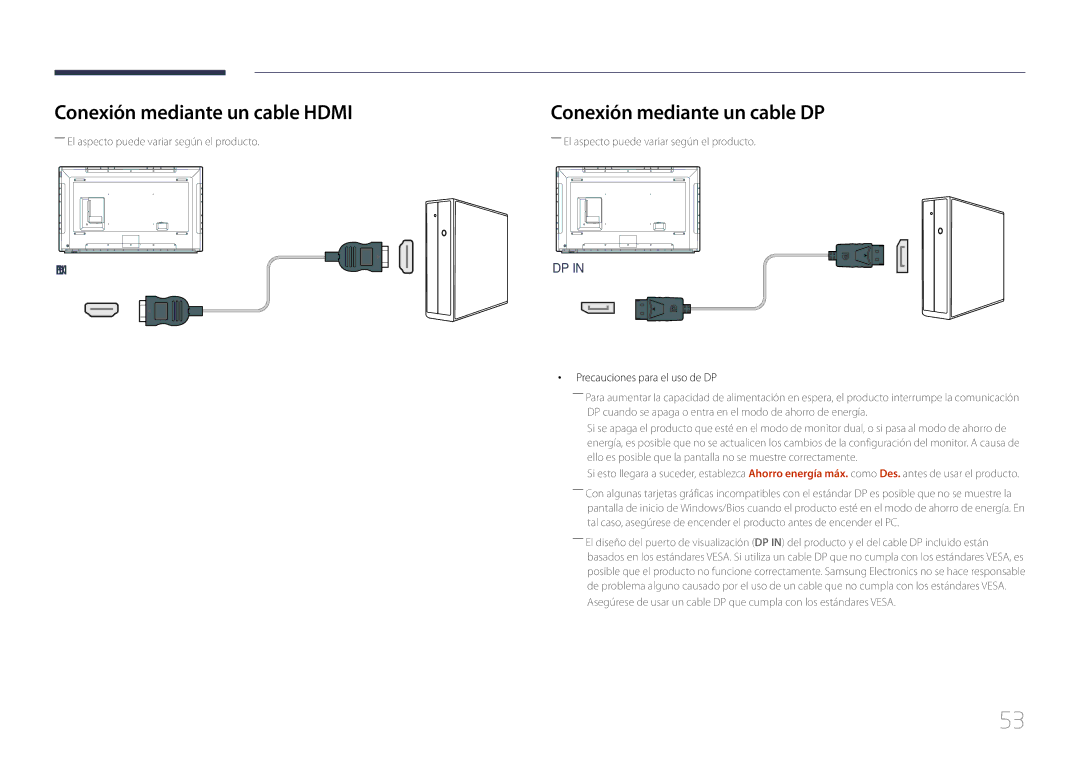 Samsung LH75DMERTBC/EN Conexión mediante un cable Hdmi, Conexión mediante un cable DP, Precauciones para el uso de DP 