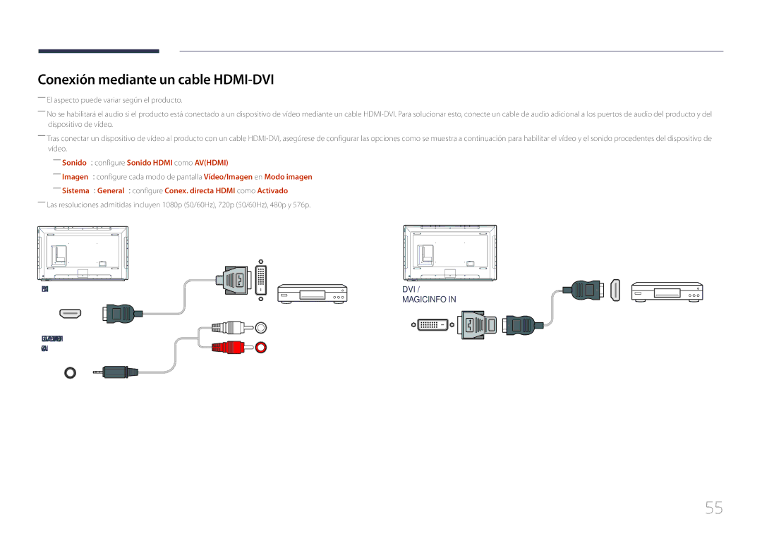 Samsung LH65DMERTBC/EN, LH82DMERTBC/EN Conexión mediante un cable HDMI-DVI, ――Sonido → configure Sonido Hdmi como Avhdmi 